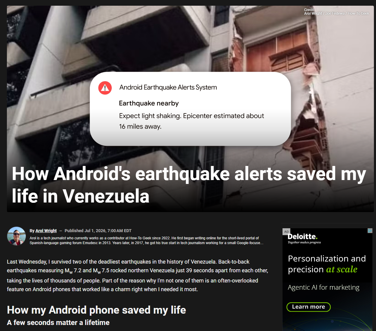 Article: Android Earthquake Alert saved my life
